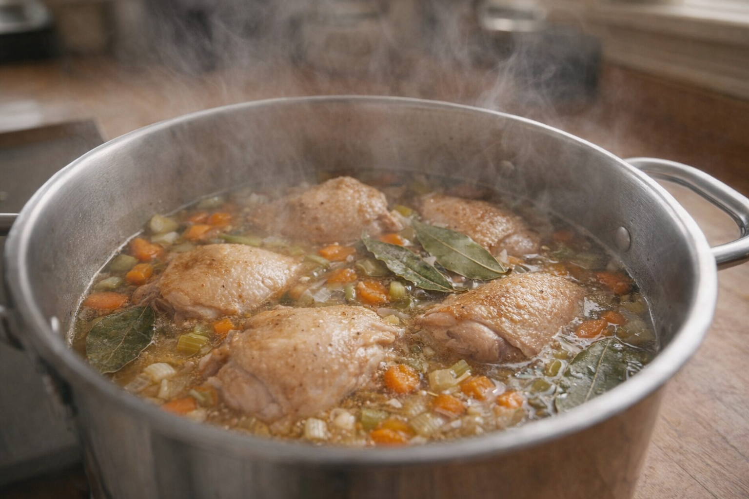 A side shot of chicken thighs simmering in a stockpot with visible vegetables and bay leaves. Gentle steam rising. Soft, diffused lighting